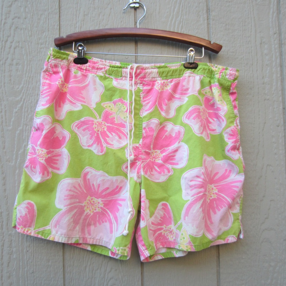 Lilly Pulitzer Mens XL Swim Trunks Pink Lime Green Floral Hibiscus Board Shorts